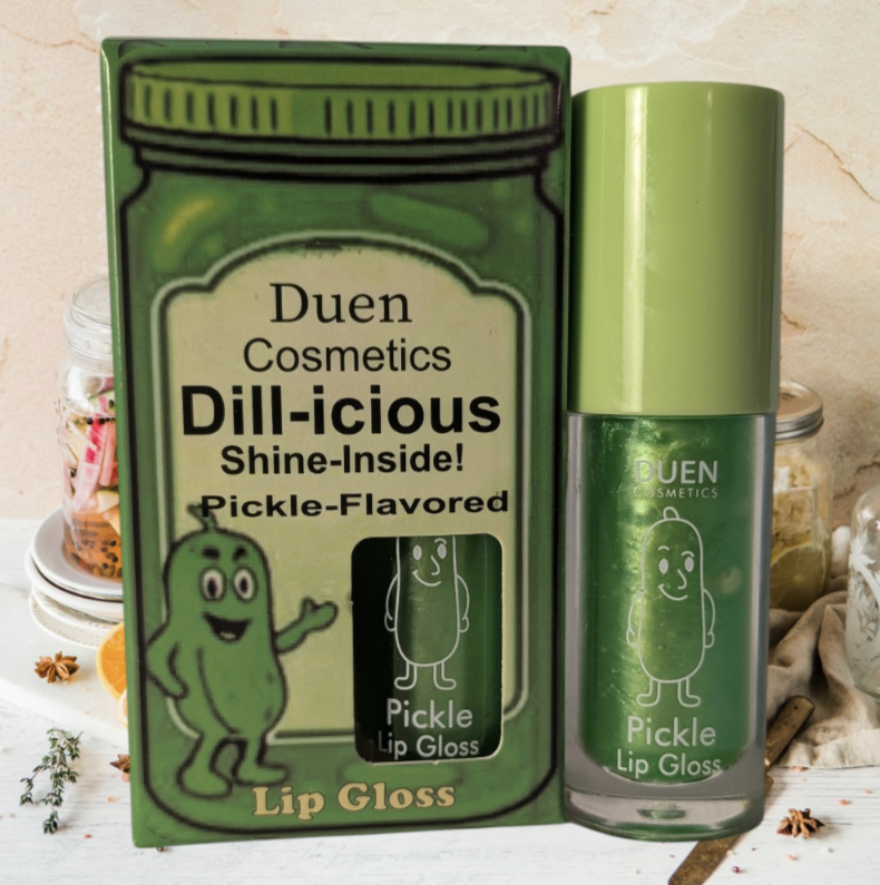 Duen Cosmetics pickle flavored lip gloss green to clear shine